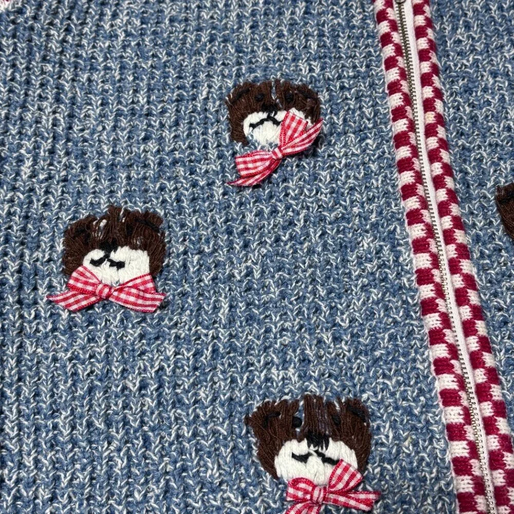 Vintage Capacity Teddy Bear‎ Sweater Vest Large Blue Knit Red Gingham Bow Ramie
